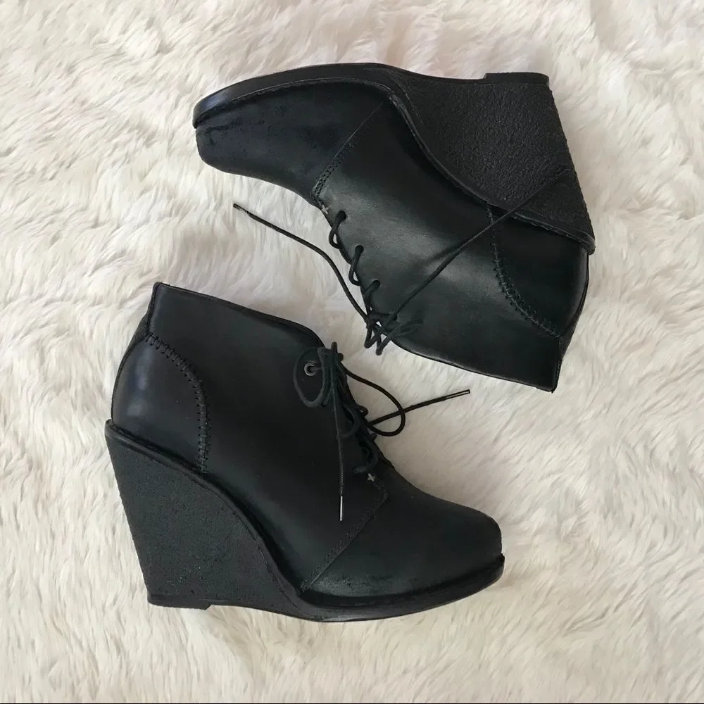 RAG & BONE Black Wedge Leather Bootie Ankle Boot Distressed Odval Desert‎ Size 7